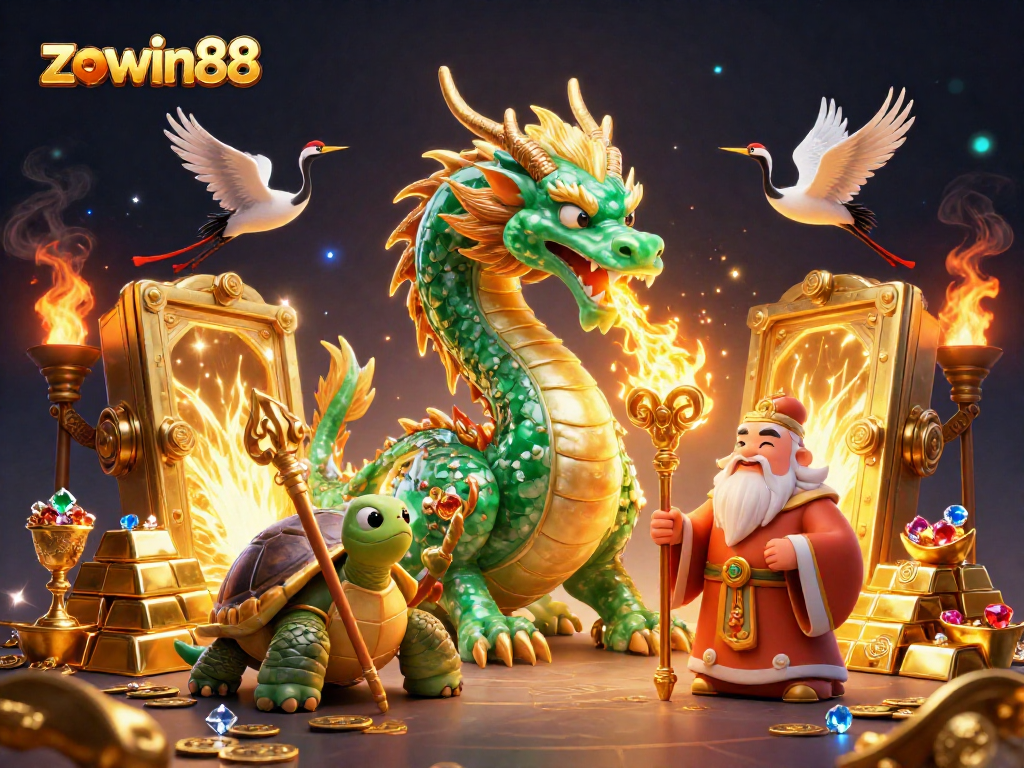 Zowin88 showcases a dazzling casino scene with a jade dragon and treasures, perfect for players.