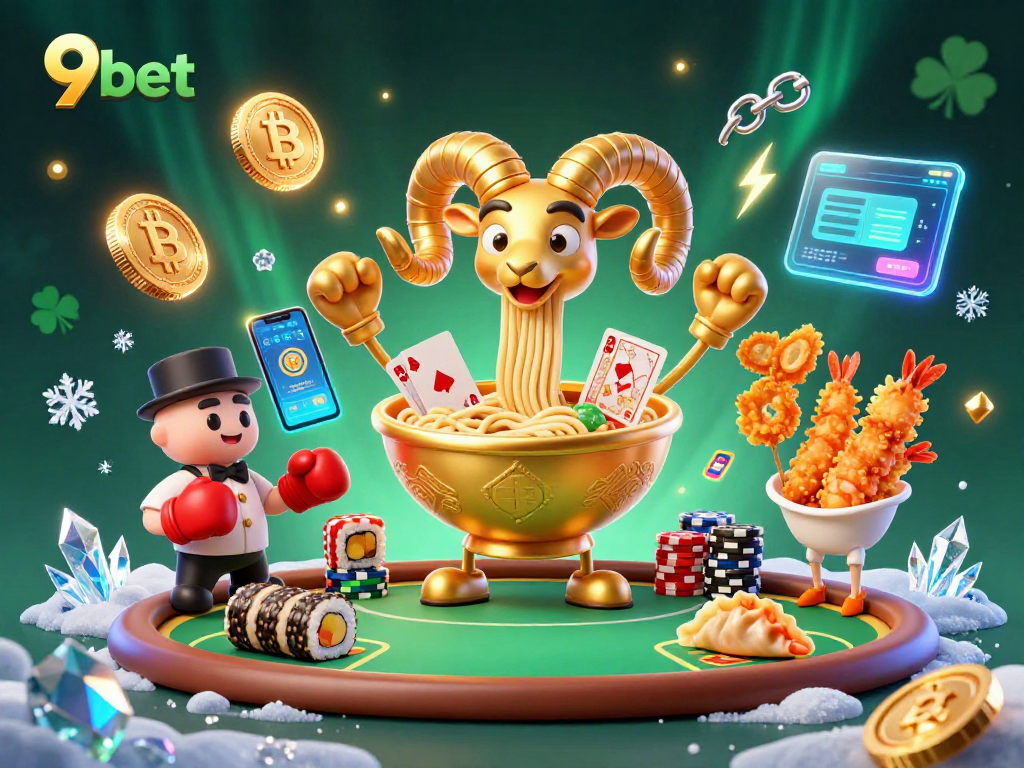 Join 9bet's vibrant poker scene with iconic characters and cryptocurrency elements for an engaging gaming atmosphere.