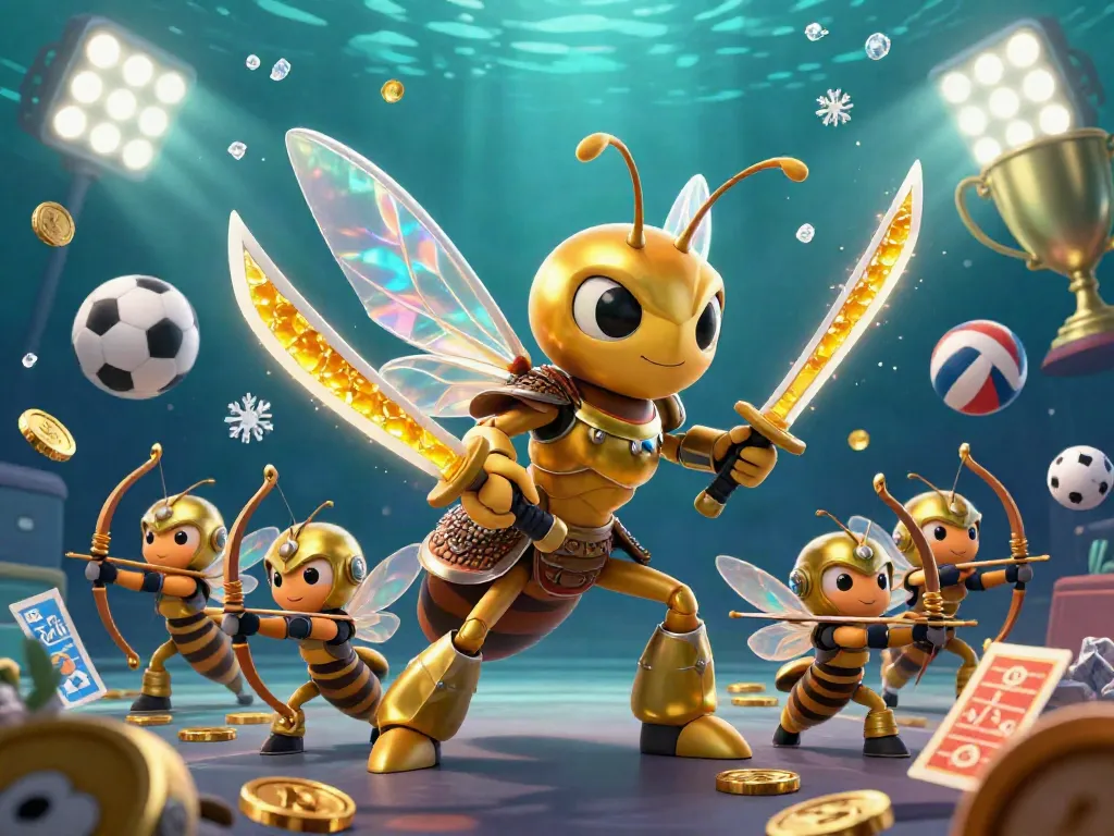 Engage with the vibrant bet168 scene featuring a golden hornet and bee archers amidst dynamic sports betting visuals.