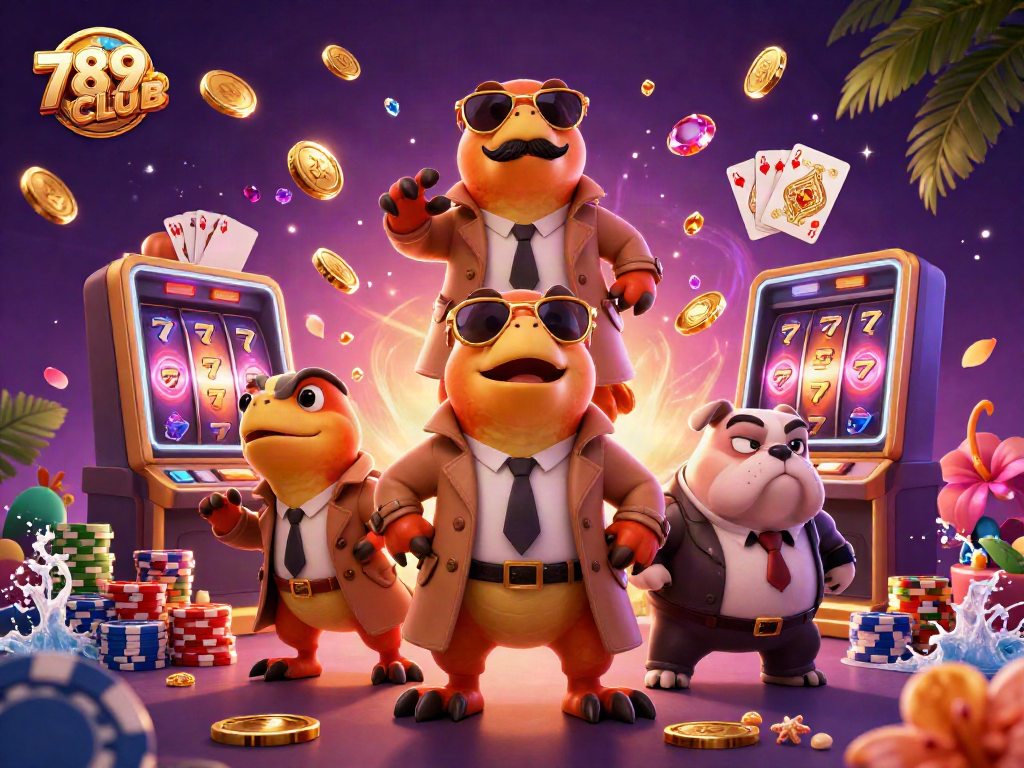 Experience excitement at 789CLUB as cartoon raptors enter a casino, surrounded by vibrant gaming elements.
