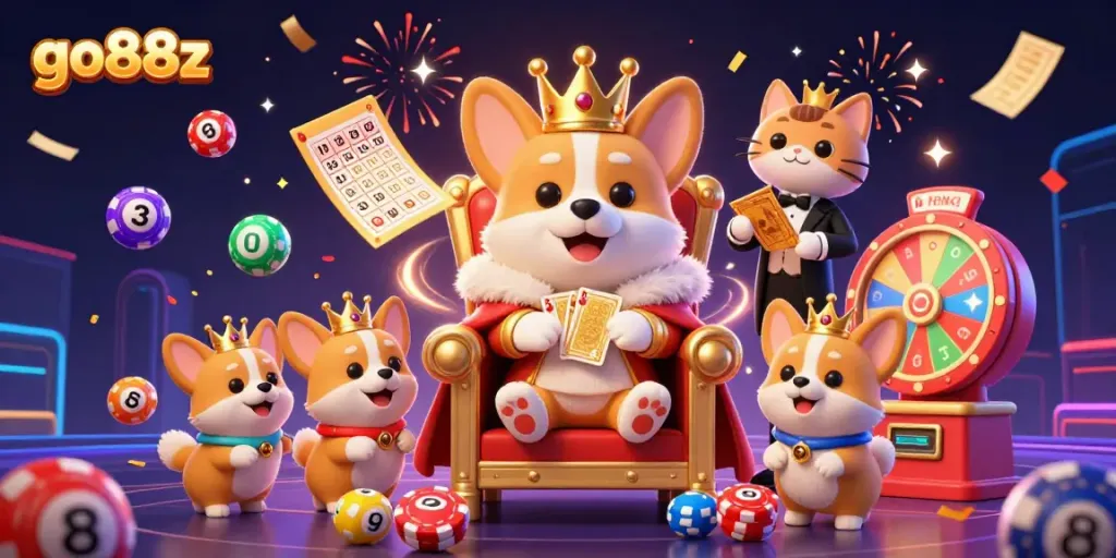 Engage in thrilling gameplay at go88z, featuring a royal corgi on a throne of poker chips amidst festive casino elements.