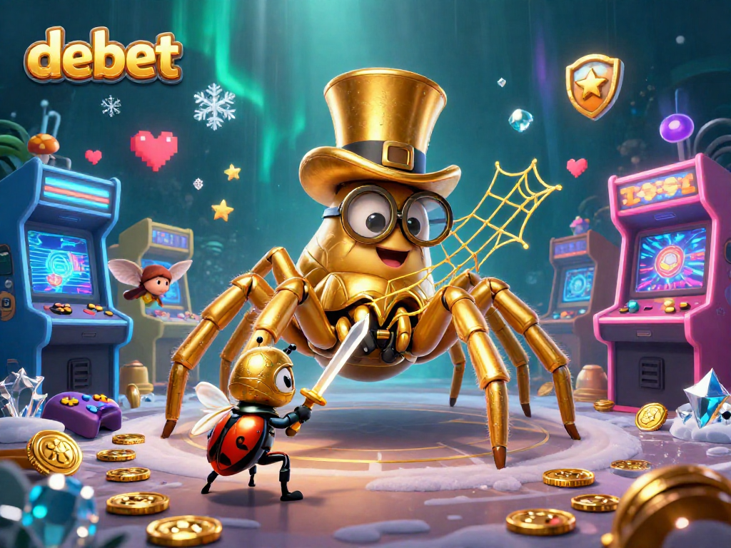Play exciting games at debet, featuring a whimsical scene with a tarantula and a brave beetle knight.
