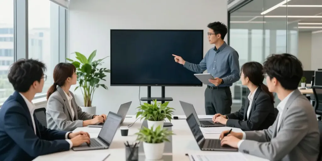 Profissionais discutindo estratégias e dados no bpinetempresas em um escritório moderno.