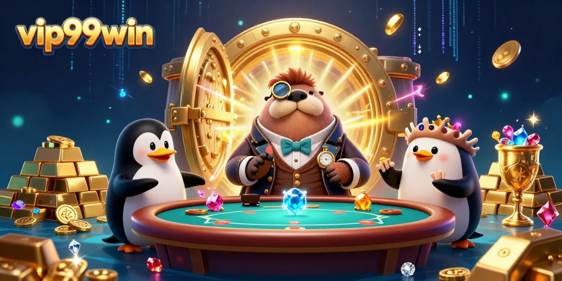 Experience excitement at vip99win with a jolly walrus playing poker underwater among treasures