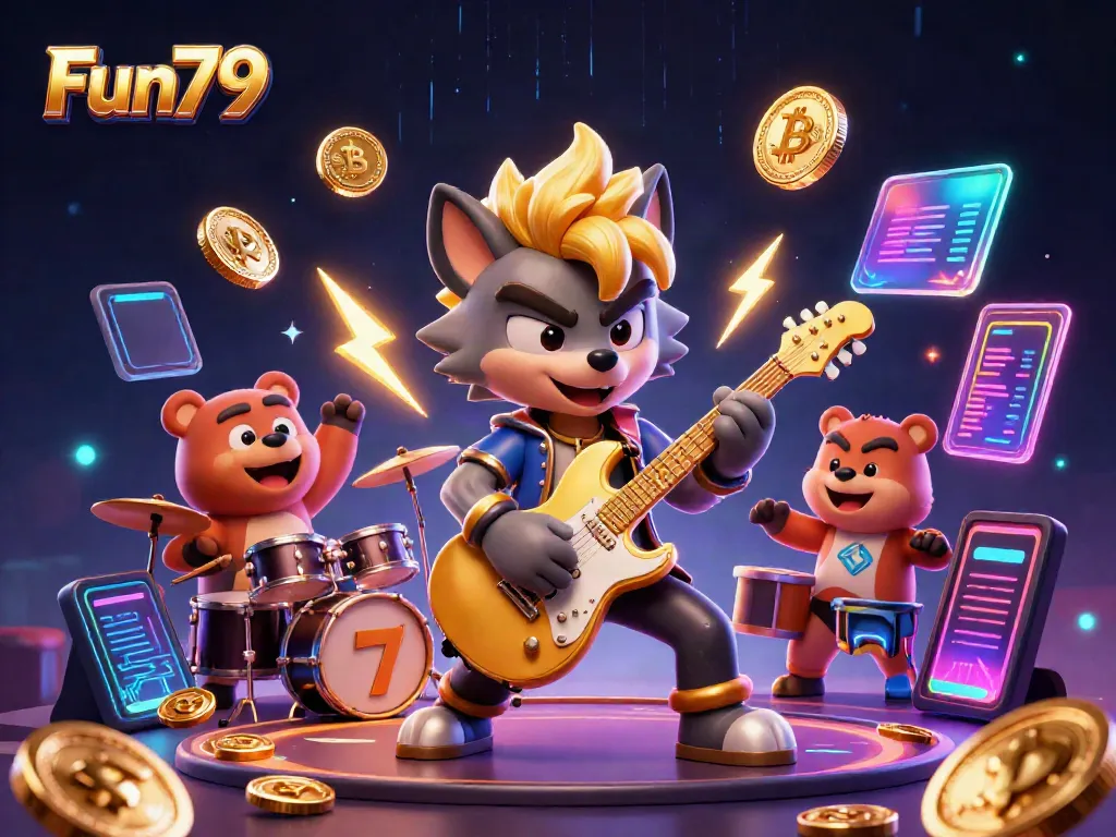 Experience excitement with Fun79 as a rock star wolf performs on stage amidst vibrant casino elements.