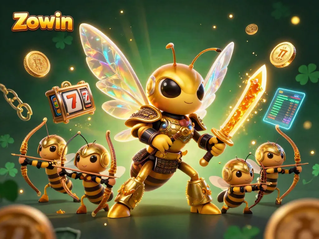 Win big at Zowin with vibrant visuals showcasing a golden hornet ready for action in a dynamic casino scene.