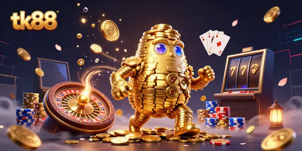 Experience thrilling entertainment with tk88's vibrant casino scene filled with dynamic characters and game elements.