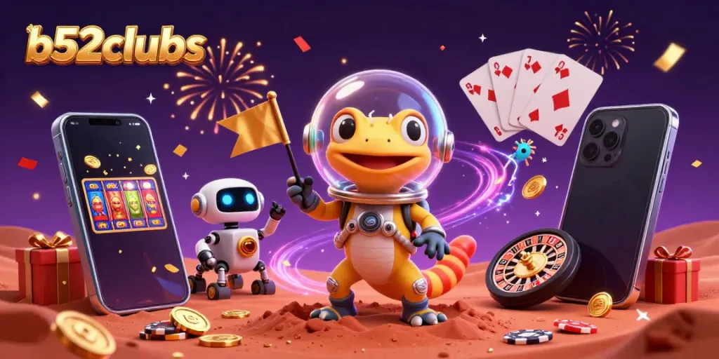 Experience the vibrant excitement of b52clubs with a Martian gecko uncovering a golden casino adventure.