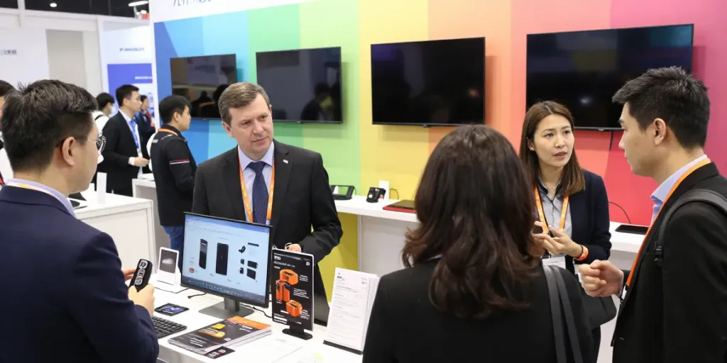 Engaging scene of exhibitors discussing technology products at a trade show booth, showcasing the keyword Aussteller in action.
