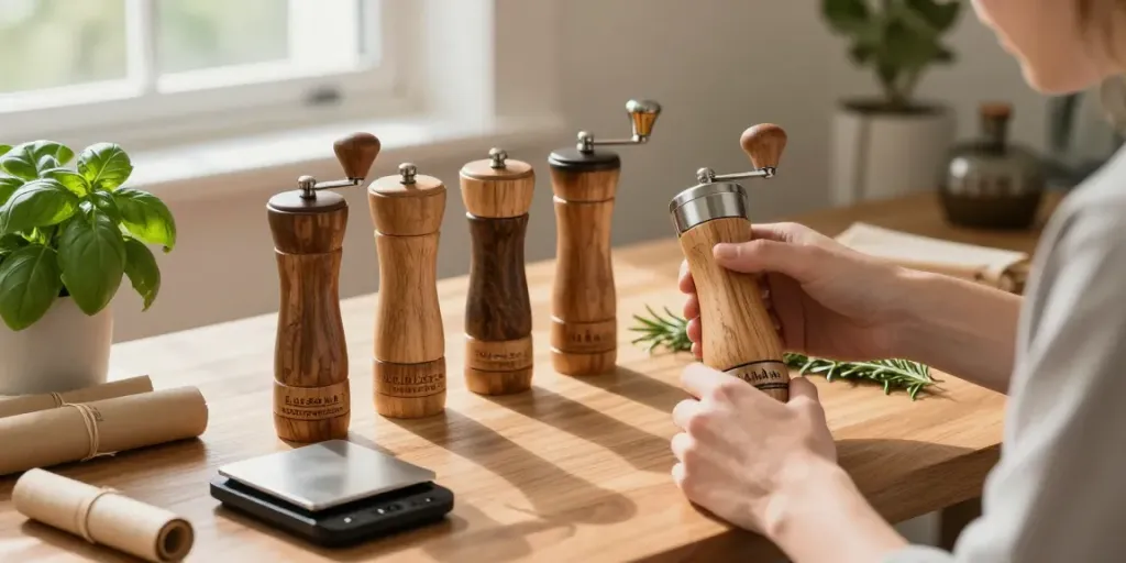 Custom wooden grinder mit gravur displayed on a wooden table with fresh herbs.