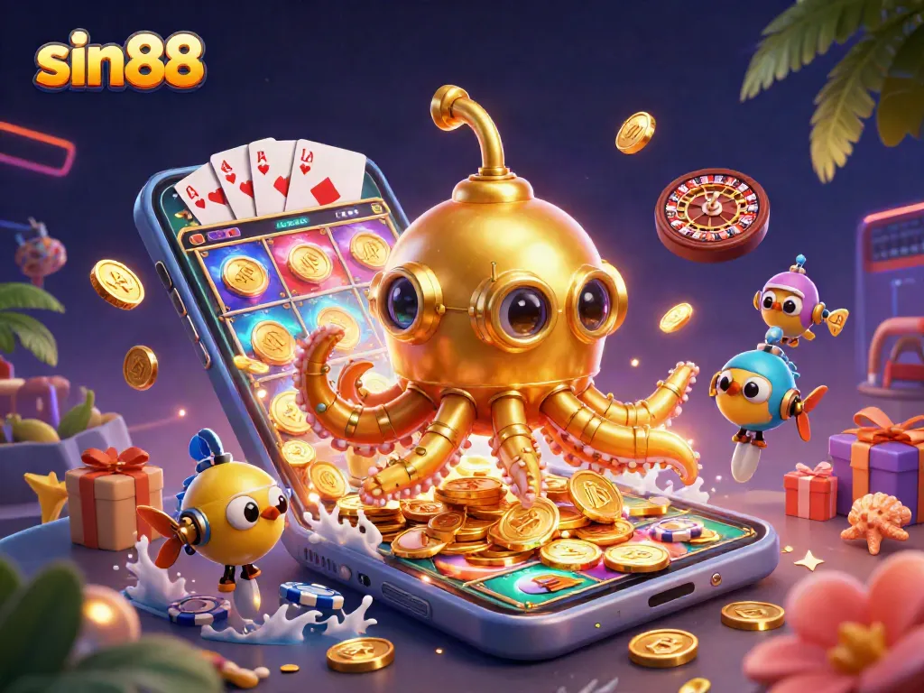 Experience thrilling gameplay with sin88's mechanical fish and the golden kraken submarine amid a sea of riches.