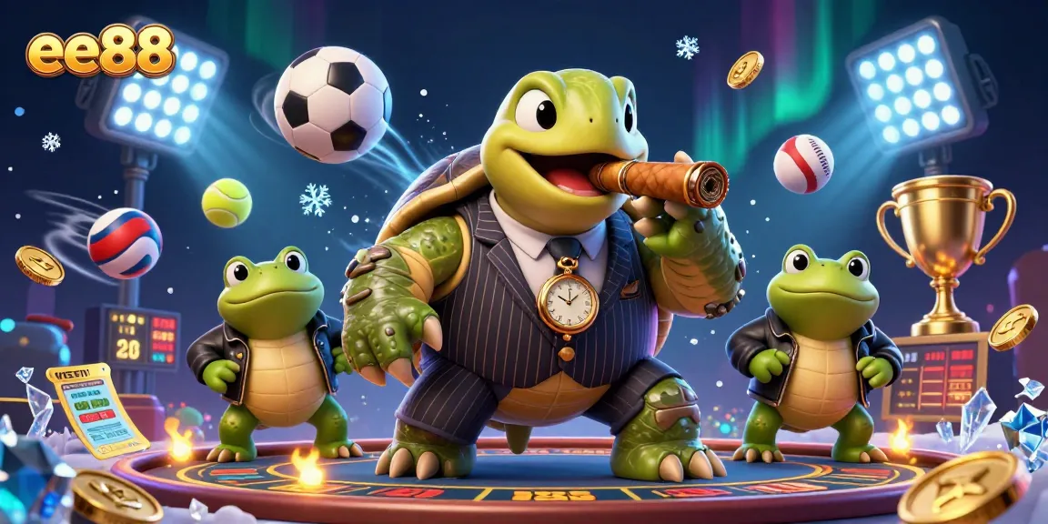 ee88 captures the excitement of sports betting with a massive snapping turtle in a vibrant casino scene.