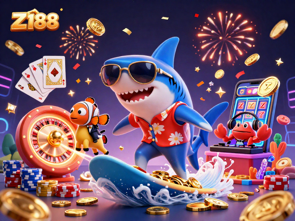 Z188 offers a vibrant casino environment with captivating characters, celebrating winning gameplay amidst dynamic casino elements.