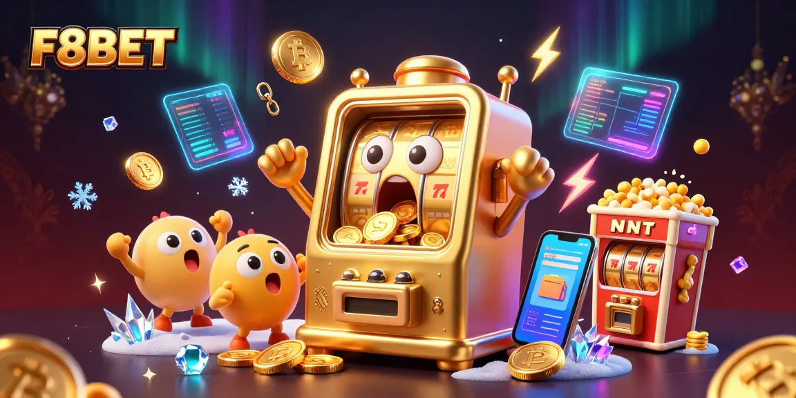 F8BET celebrates wins with a golden slot machine jackpot and cheering baby slots in a vibrant casino scene.