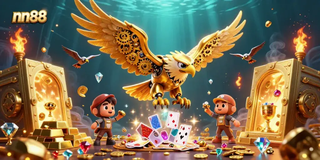 Engage with nn88's captivating casino scene featuring golden treasures and holographic cards.