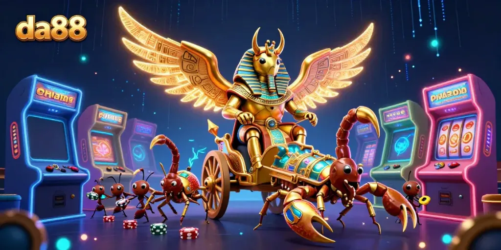 Experience the thrilling da88 gaming atmosphere with a golden scarab and jewel-studded elements.
