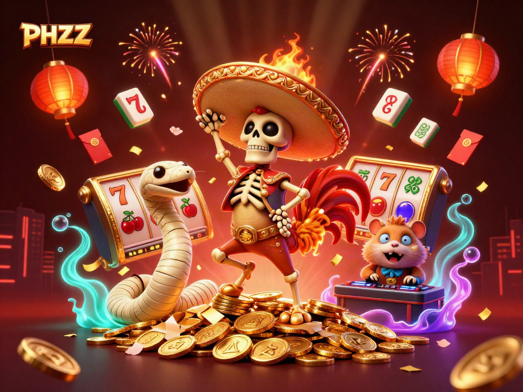 Win big with PHZZZ in this vibrant 3D casino illustration featuring playful characters and rich symbols.