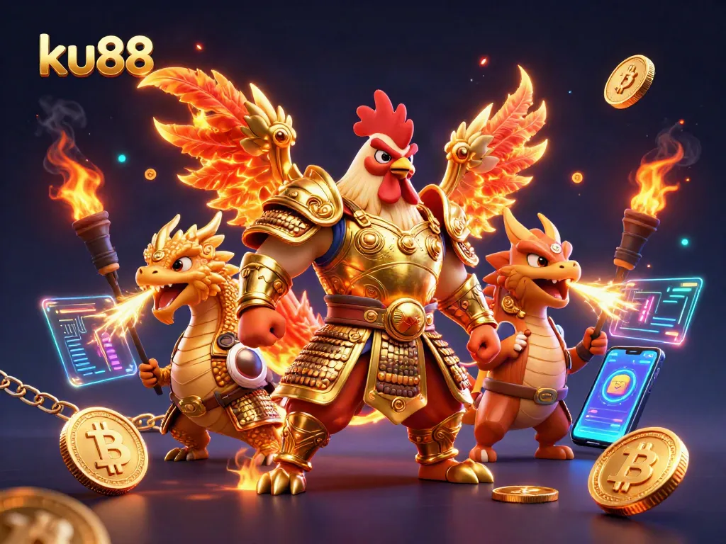ku88 showcases a powerful rooster warrior alongside an armored dragon in a vibrant casino-themed setting.
