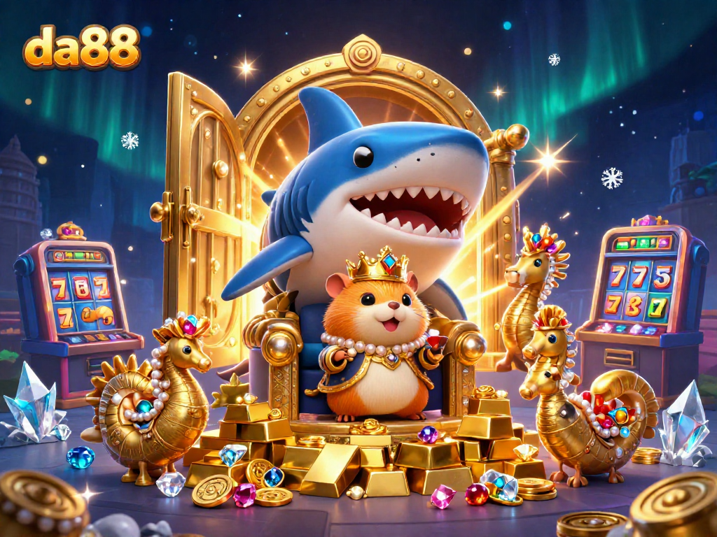 Spin the reels for treasure with da88's 3D illustrated hamster king in a vibrant casino scene.