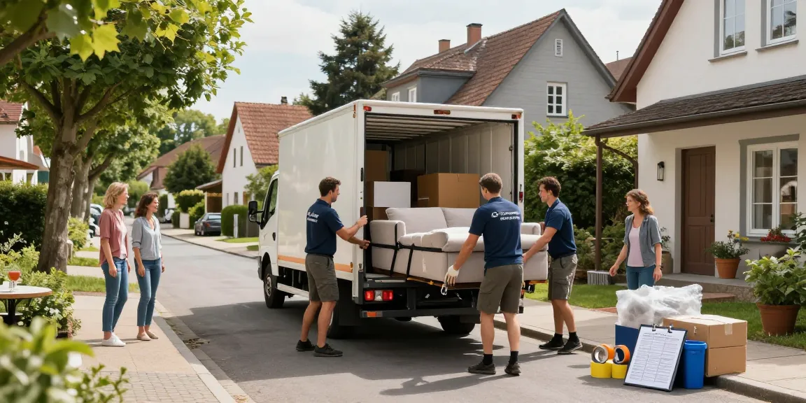 Umzugsunternehmen Schwetzingen bei der sorgfältigen Möbelbeladung in ein Umzugsfahrzeug auf einer ruhigen Straße.