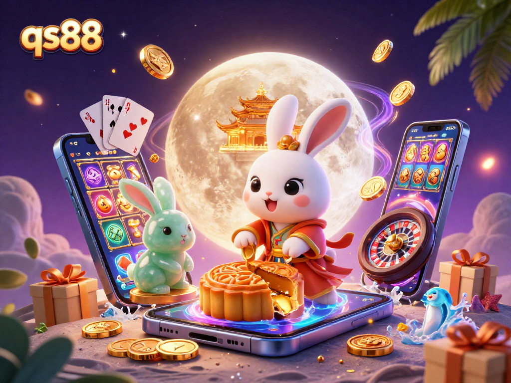 Engage with the thrilling world of qs88 poker as a moon rabbit unveils poker chips in a vibrant casino scene.