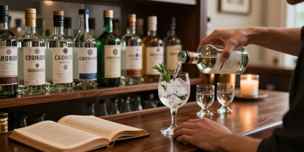 Elegante Gin Sammlung mit Arbeitsbereich für Verkostungen.