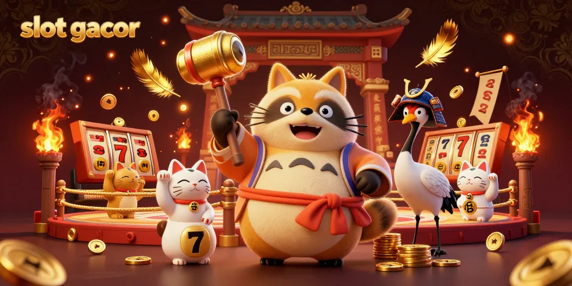 Engage with slot gacor in a vibrant 3D scene featuring a playful tanuki and lucky symbols.