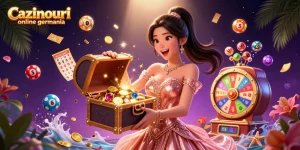 Cazinouri online germania presents a dazzling treasure chest overflowing with winnings, surrounded by dynamic lottery elements and vibrant colors.