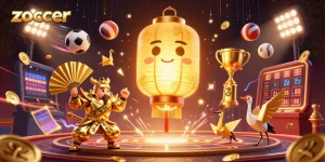 Zoccer offers engaging sports betting with golden lantern spirit amidst dynamic elements like sports balls and coins.