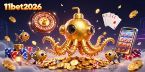 Engage with 11bet2026's exciting gaming scene featuring a golden kraken submarine and vibrant casino elements.