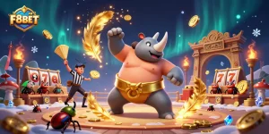 Experience the excitement of F8BET with a vibrant sumo beetle champion amidst a dynamic casino scene.