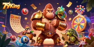 Engage with 79King's thrilling casino adventures, featuring a gorilla king and colorful lottery elements.
