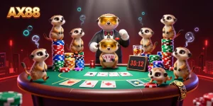 AX88 meerkats managing a colorful casino operation with poker tables and vibrant decorations.
