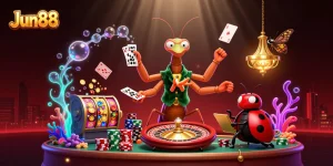 Bet big with Jun88 as a giant praying mantis card sharp dazzles in a vibrant casino scene.
