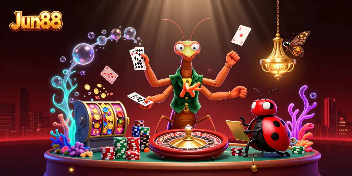 Bet big with Jun88 as a giant praying mantis card sharp dazzles in a vibrant casino scene.