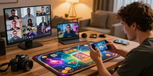 Players enjoying Sunwin online games in a vibrant living room atmosphere