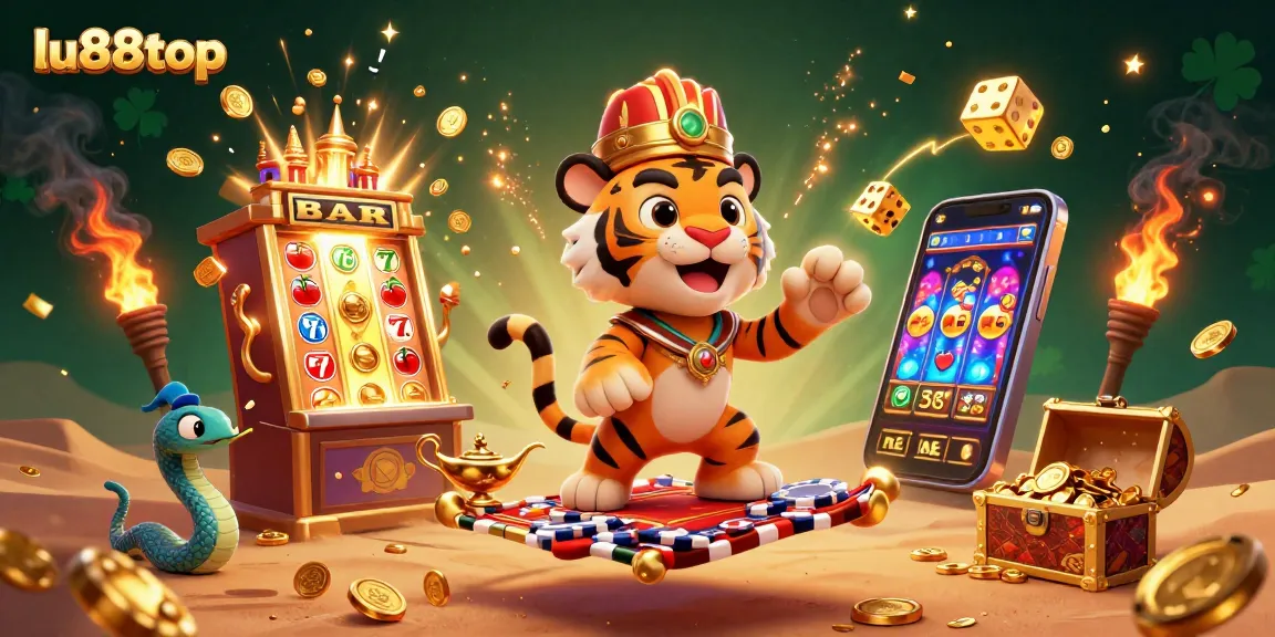 Experience thrilling jackpots with lu88top in this vibrant 3D casino adventure illustration.