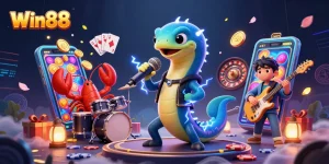 Win88 features a lively casino scene with an electric eel DJ, lobster drummer, and seahorse guitarist.