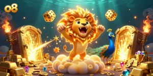 Engage with vibrant o8 casino games, depicted with a roaring sun lion and golden treasures.