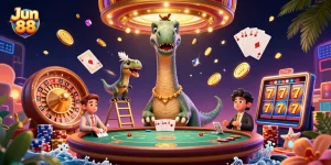 Experience thrilling gameplay with Jun 88 in a vibrant casino scene featuring animated characters and rich elements.