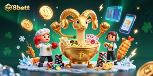 Engage with f8bettt's vibrant casino world featuring a golden ramen bowl and crypto elements.