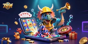 Engage in the vibrant 789f casino world with a triceratops constructing poker chips amidst a dynamic celebration.