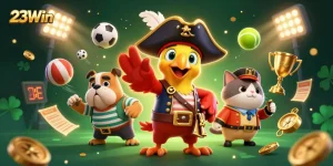 Experience the excitement of 23Win with lively gambling characters and dynamic sports elements.