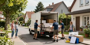 Umzugsunternehmen Schwetzingen bei der sorgfältigen Möbelbeladung in ein Umzugsfahrzeug auf einer ruhigen Straße.
