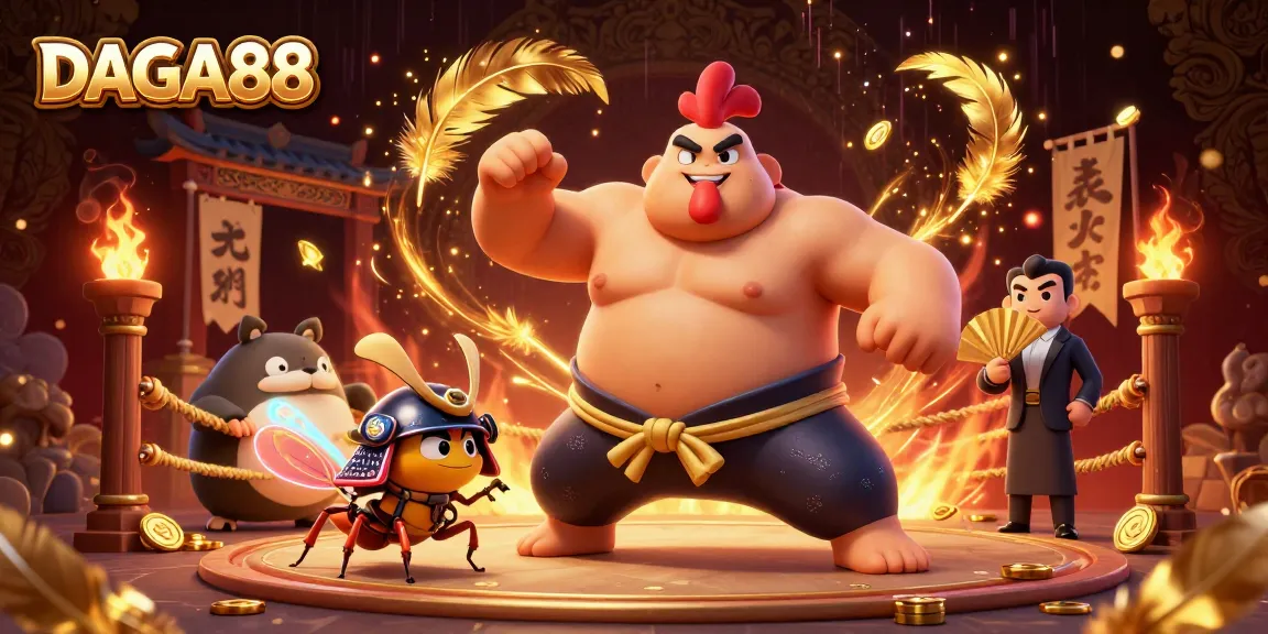 DAGA88 showcases intense cockfighting action featuring a sumo rooster and samurai cricket in a vibrant arena.