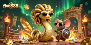 Exciting five888 gaming scene featuring Medusa and a warrior mouse amidst vibrant casino elements.