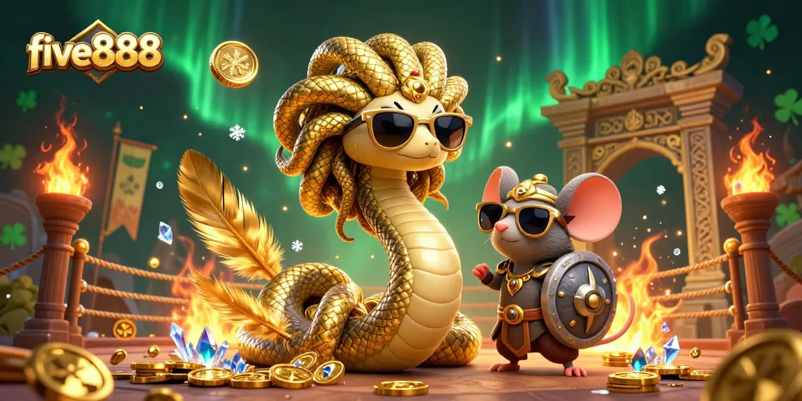 Exciting five888 gaming scene featuring Medusa and a warrior mouse amidst vibrant casino elements.