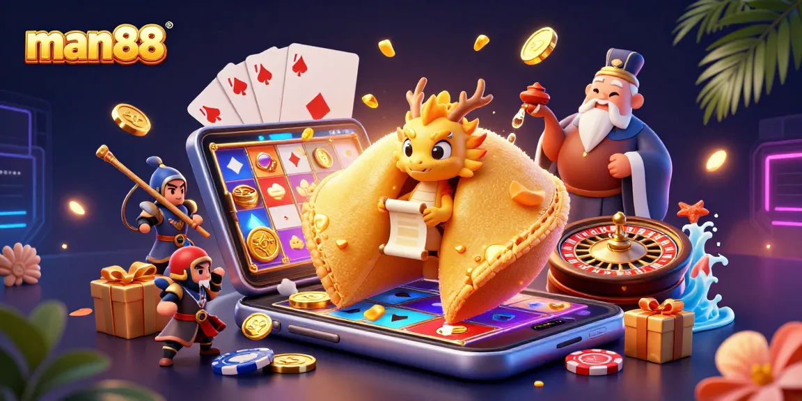 Experience exciting wins with man88 in a dynamic 3D illustration of a fortune cookie and gaming elements.