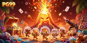 Fleeing animals gather treasure in this dynamic PG99 casino illustration featuring a volcanic eruption of gold.