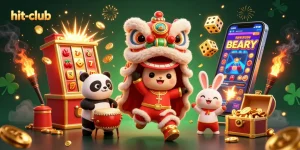 Win exciting rewards at hit-club with festive characters amid vibrant casino action.